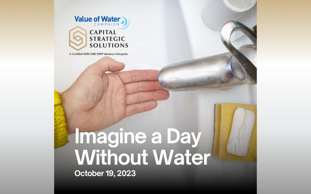 Graphic image asking people to imagine a day without water with a photo of a hand under a dry faucet.