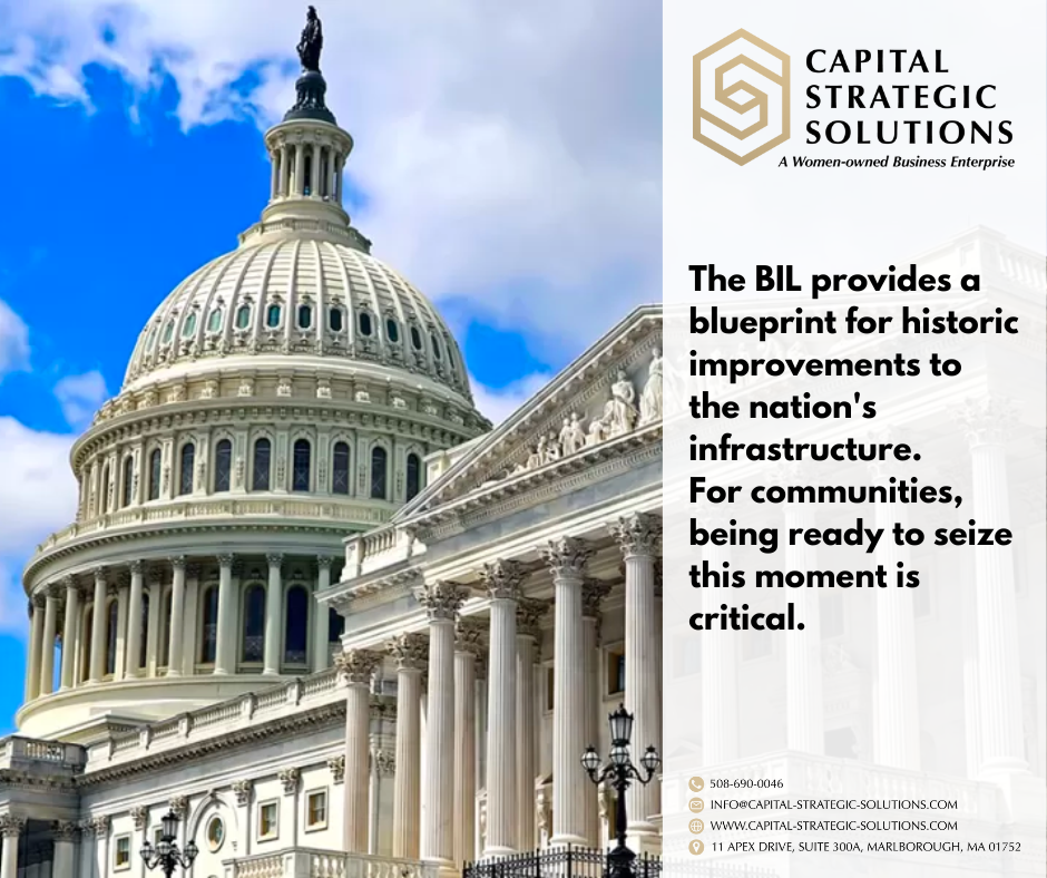 BIL_BLOG Graphic Graphic with text that reads The BIL provides a blueprint for historic improvements to the nation's infrastructure. For communities, being ready to seize this moment is critical. There is also a photo of the U.S. Capital building and the logo of the business Capital Strategic Solutions.
