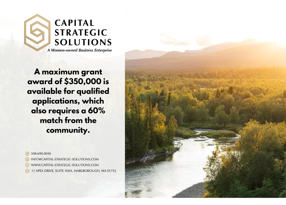 Image of woods and river with text that states A maximum grant award of $350,000 is available for qualified applications, which also requires a 60% match from the community.