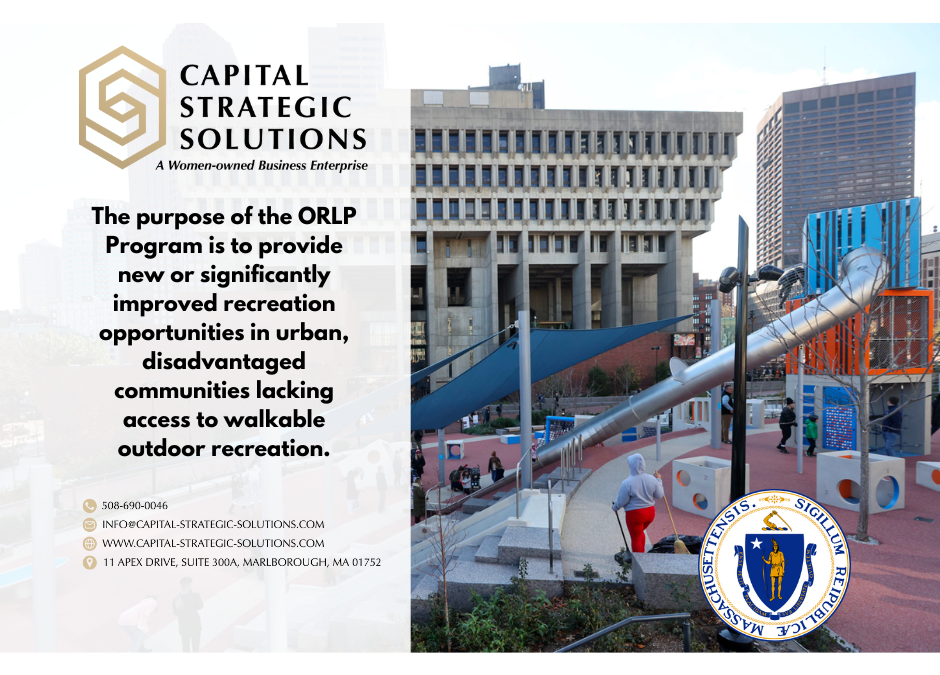 Image of urban park and playground with text that states The purpose of the ORLP Program is to provide new or significantly improved recreation opportunities in urban, disadvantaged communities lacking access to walkable outdoor recreation.