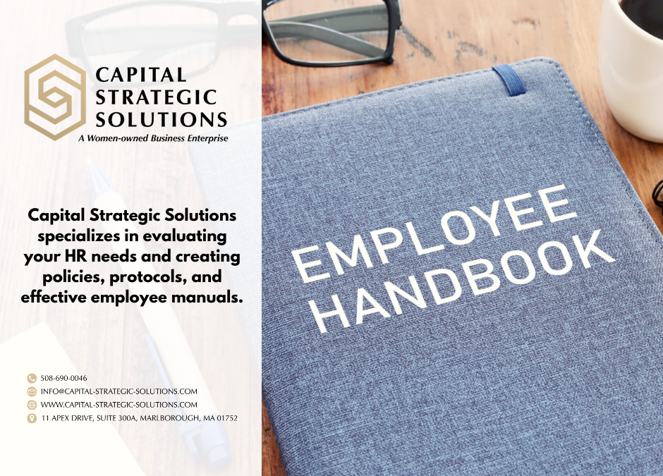 Graphic with image of an employee handbook and the text "Capital Strategic Solutions specializes in evaluating your HR needs and creating policies, protocols, and effective employee manuals."