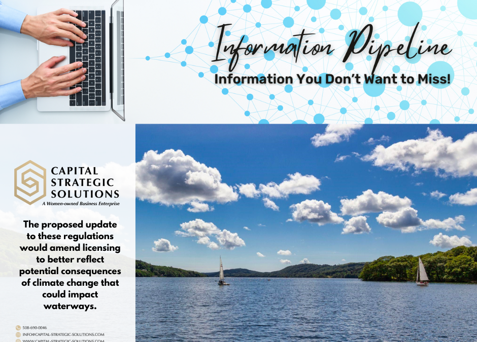 Graphic with image of a beautiful water body and the text "The proposed update to these regulations would amend licensing to better reflect potential consequences of climate change that could impact waterways."