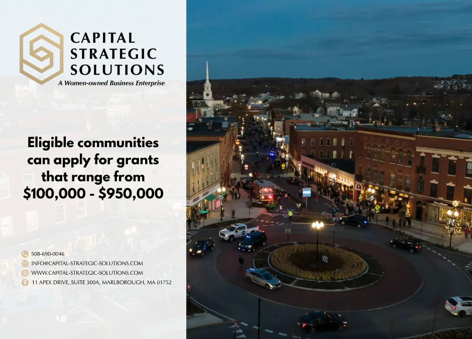 Graphic with aerial image of a Massachusetts town at night with the text "Eligible communities can apply for grants that range from $100,000 to $950,000."