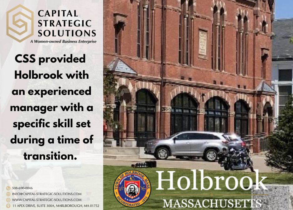 Graphic with image of Holbrook town hall, the Holbrook logo and the text stating "CSS provided Holbrook with an experienced manager with a specific skill set during a time of transition."