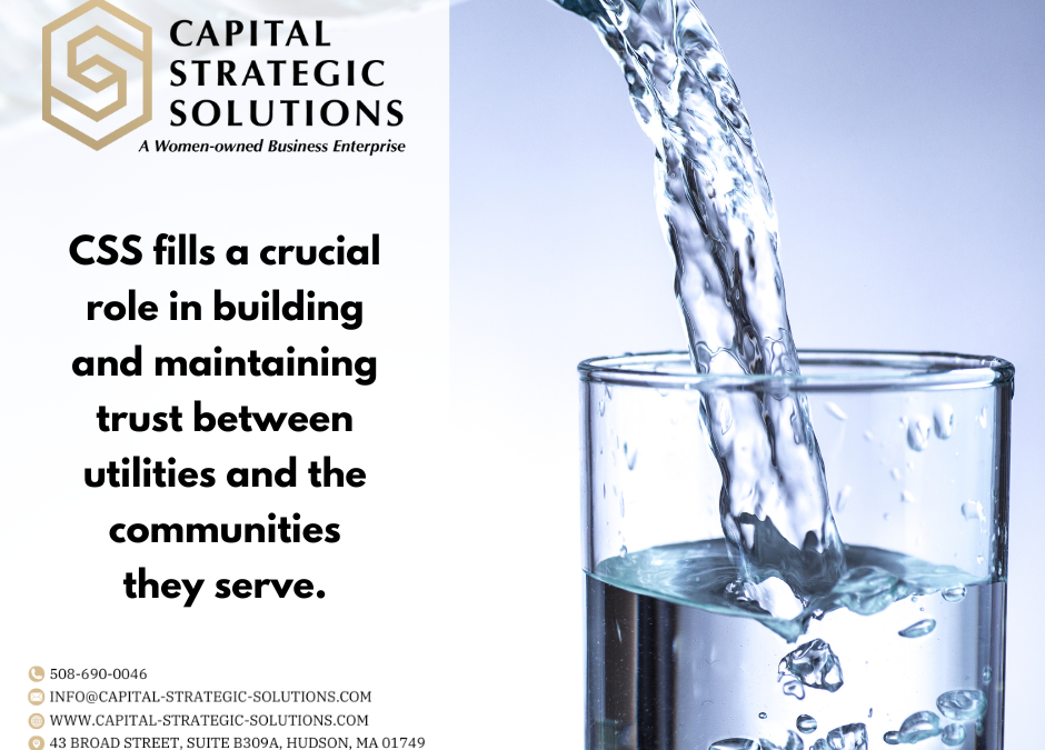 Graphic with the image of pure, clear water pouring from a clear glass pitcher into a clear glass and the text that states "CSS fills a crucial role in building and maintaining trust between utilities and the communities they serve."