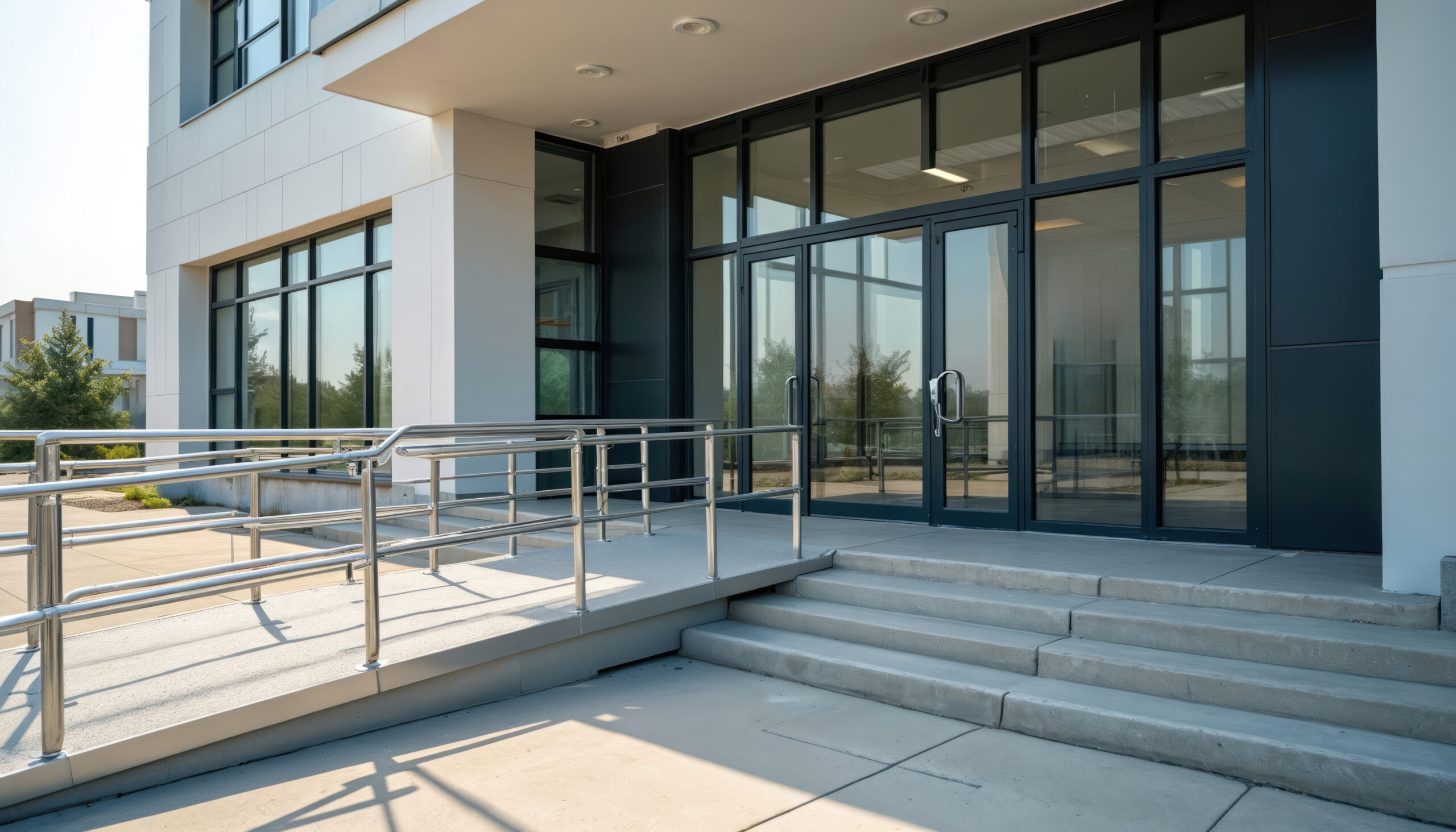 Modern building entrance with ramp, stairs. Accessible design with stainless steel handrails. Accessibility features enable mobility offering assistance for people with disabilities to.