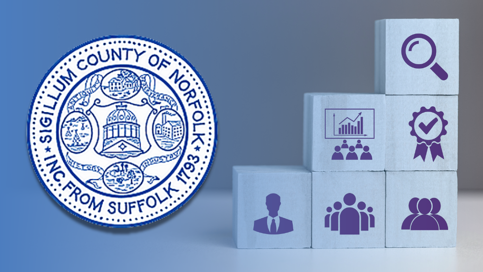 Seal of Norfolk County, Massachusetts, featuring illustrations of historic buildings and symbols with the text 'Sigillum County of Norfolk, Inc. From Suffolk 1793.' To the right, stacked wooden blocks display icons representing business operations—magnifying glass for search, graph for performance metrics, ribbon for quality assurance, and silhouettes symbolizing leadership and teamwork—against a blue gradient background.