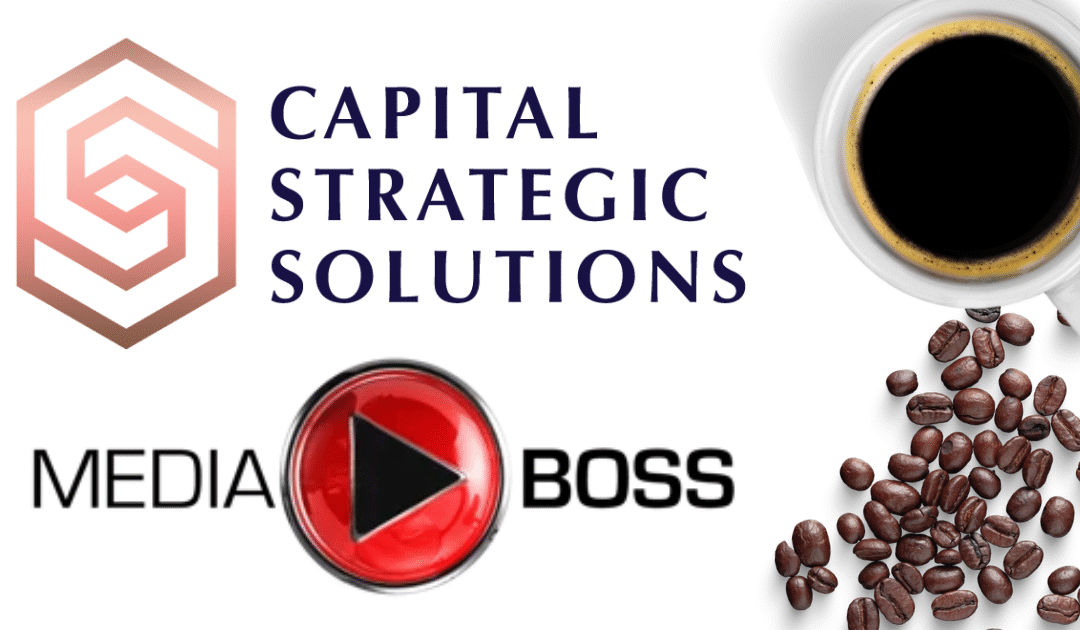 Logos for Capital Strategic Solutions and MediaBoss displayed side by side, with a cup of black coffee and scattered coffee beans symbolizing their Coffee Talk collaboration.