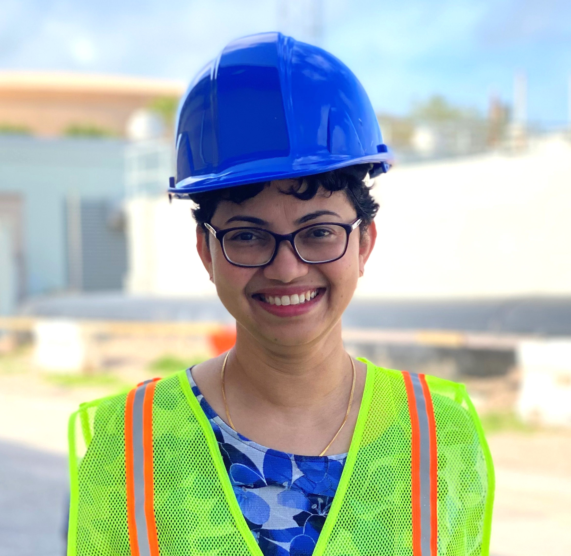 Bina Nayak, PhD, wearing a hard hat
